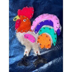 Handcrafted Colorful Felt Rooster Decoration With Sequins & Magnets On Back Vtg